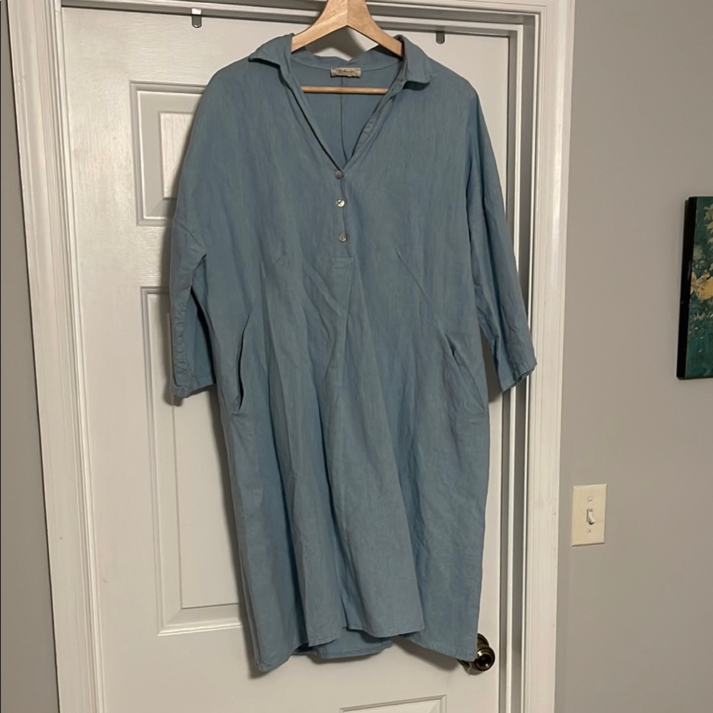 Blue linen midi dress